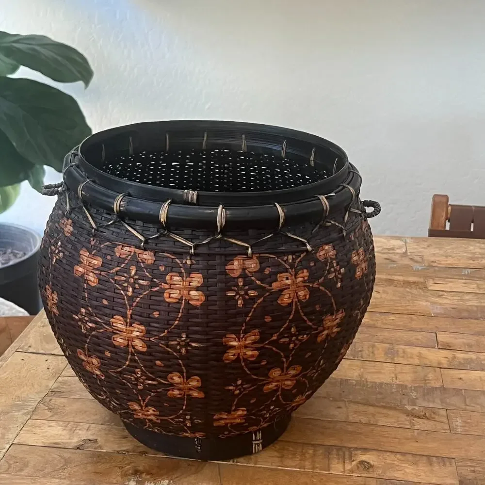 Chinese Woven Basket Round Brown Hand Painted Floral
